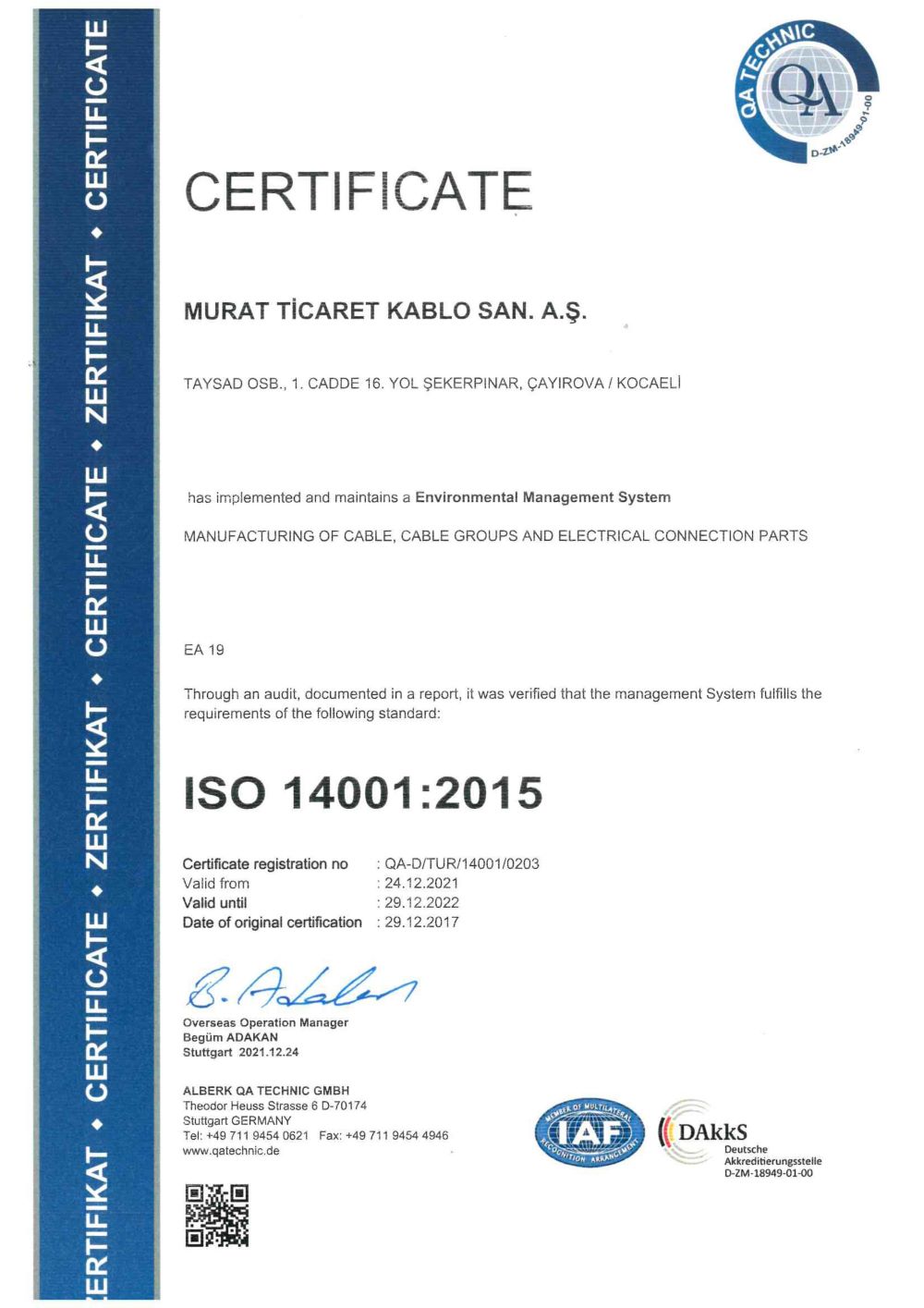 GEBZE ISO-14001 CERTIFICATE